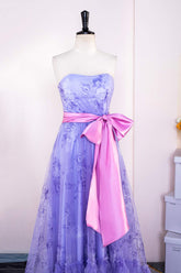 Strapless Lavender Floral Print Long Prom Dress with Bow Sash